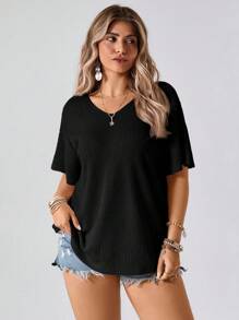 Freevana Plus Size Women's Solid Color Waffle Knit Short Sleeve T-Shirt, Summer,Holiday For Women - Black - View 6