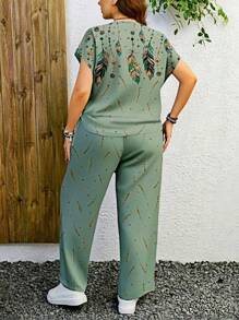 EMERY ROSE 2pcs/Set Glitter Feather Print & Leopard Pattern Casual Plus Size Outfit, Suitable For Summer Women 2 Pieces Sets Suitable For Going Out,Holiday Outfits For Women - Multicolor - View 6