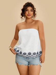 Travachic Top tubinho plus size feminino com bordado floral azul e branco, casual, solto, praia/resort, estilo boêmio havaiano