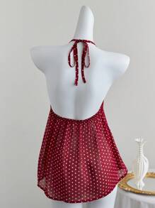 Elamini 浪漫度假蕾丝拼接波点细肩带 - 酒紅色 - 查看 2