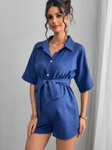 Momance 孕妇连体裤，含半领衬衫、前系带蝴蝶结、前扣、腰带和阔腿短裤 - 藍色 - 查看 3