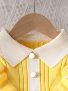 SHEIN Elladie kids Baby Girl Long Sleeve Peter Pan Collar Sweater Dress,Pastel Yellow,Autumn,Cute,Family Matching Contrast Color Ruffle Trim Knit Clothes Spring Winter - Yellow - View 4