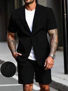 Calvornis Conjunto casual de talla grande para hombre, con camisa de manga corta y pantalón corto de jacquard - Negro - Ver 1