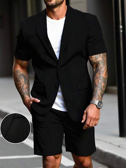 Calvornis بدلة رجالية كاجوال قصيرة الأكمام مزينة بالجاكارد (قميص وشورت) مقاسات كبيرة الحجم