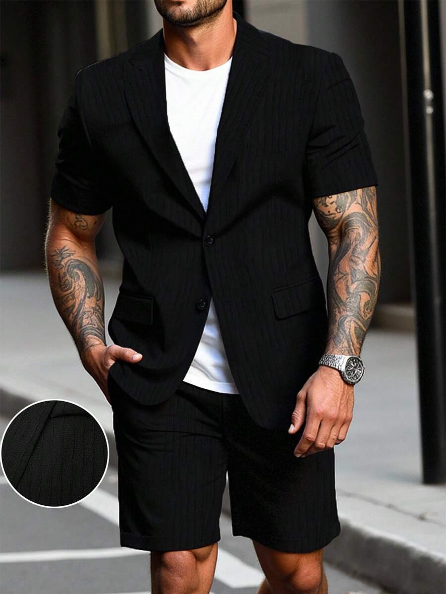 Calvornis Conjunto casual de talla grande para hombre, con camisa de manga corta y pantalón corto de jacquard - Negro - Ver 1
