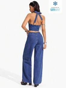 Flexra Conjunto casual de top de halter de unicolor con botones en la espalda y pantalones largos de mezclilla