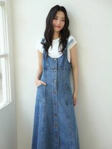 K-Vae Váy denim đơn giản có dây đeo chéo cho nữ, trang phục mùa thu phong cách Hàn Quốc cho nữ, trở lại trường, trang phục giáo viên cho nữ - Rửa trung bình - Xem 4