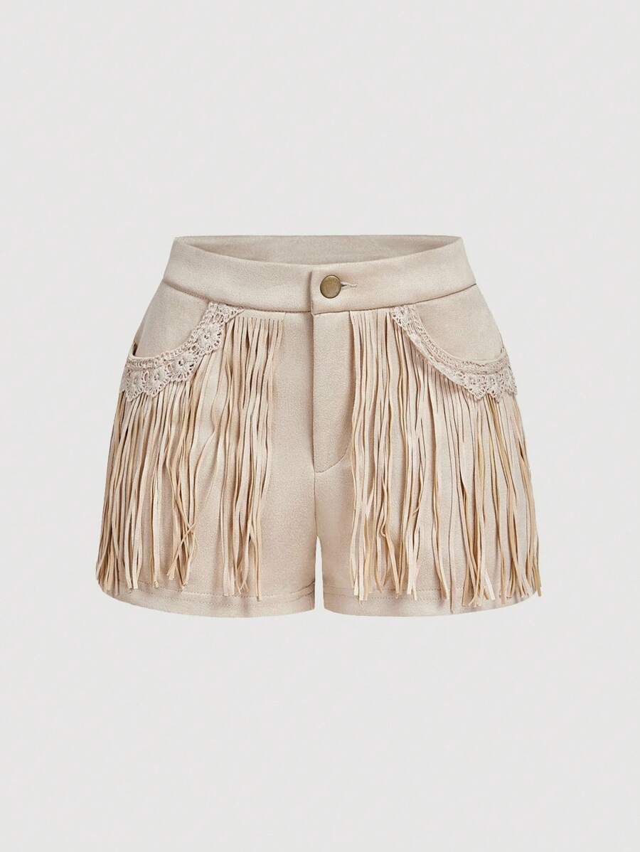 SHEIN MOD Vintage Apricot Fringe Low-Rise Shorts: Western Boho Vibes For Beach Holidays, Dates, Picnics & Party - Apricot - View 1
