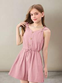 SHEIN Tween Girls Twist Vest-Style Casual Jumpsuit With Front Buttons Decorated In Woven Texture Material, Suitable For Spring Outings, Pastoral Style, Garden Afternoon Tea, Casual Outings - Baby Pink - View 5