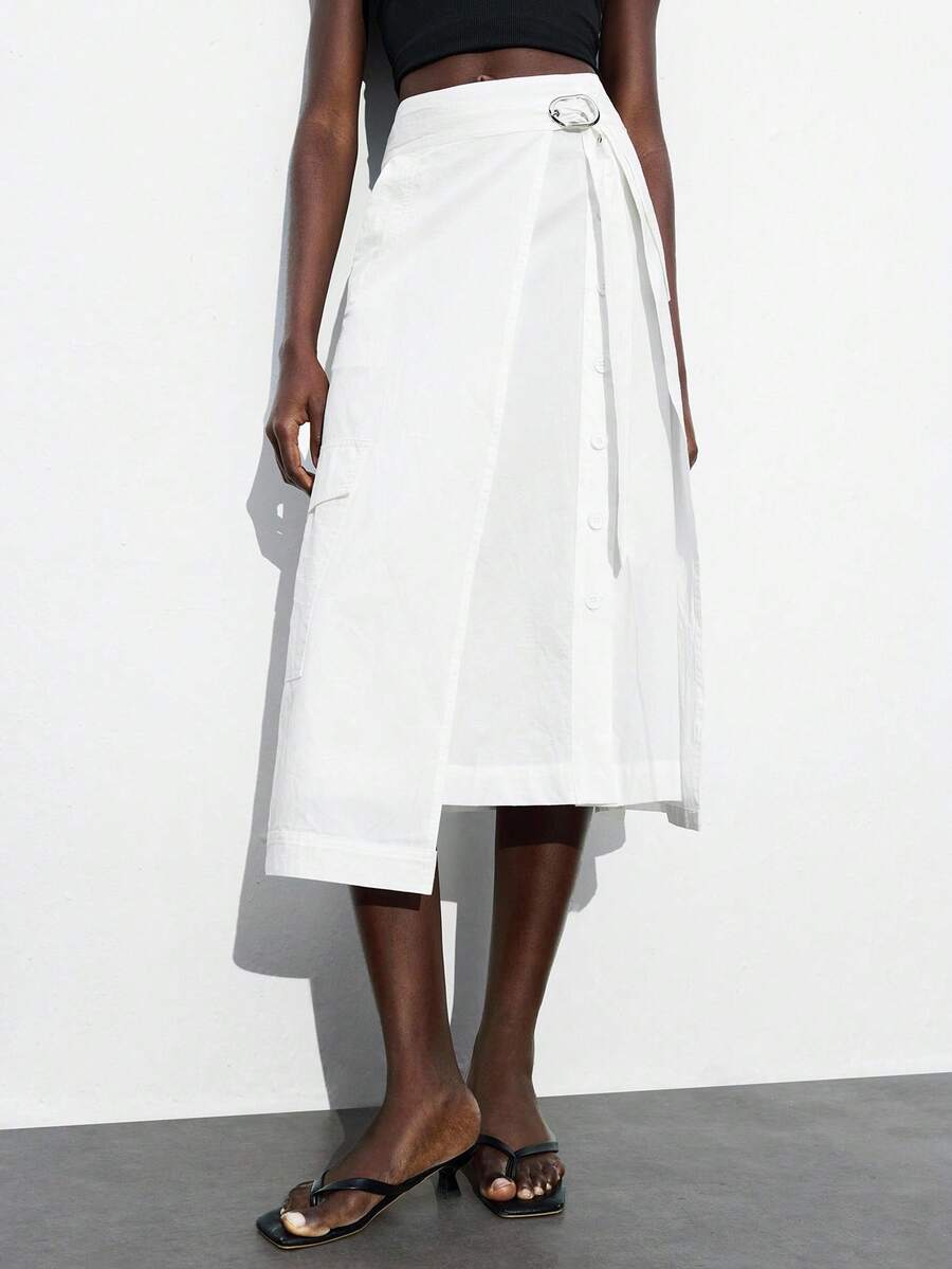 Maija 2025秋冬白色二合一裙子，单排手工缝制纽扣，绗缝腰部装饰，金属可调节皮带扣，现代优雅休闲通勤办公室适合婚礼宾客，海滩度假，音乐会，派对