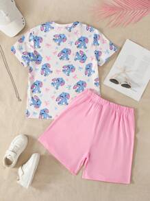 Girl Big Kids Simple Cute Blue Rabbit Print Pink Background Short Sleeve Top And Pink Shorts 2pcs Set - Multicolor - View 2