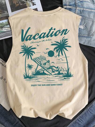 Manfinity Joysei 标准尺寸男士原创棕榈树和菠萝印花背心，卡其色，夏日气息，适合作为朋友的礼物