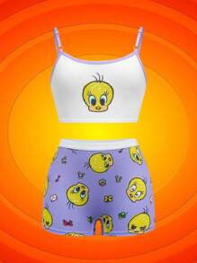 LOONEY TUNES X SHEIN Tween Girl Plaid And Cartoon Pattern Camisole Top And Boxer Shorts Undershirt Set - Purple - View 4