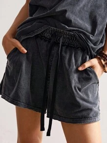 Bohemela 2件套女士纯色针织不对称领口宽松T恤+高腰宽松短裤女夏季短裤套装休闲短款套装 - 黑色 - 查看 3