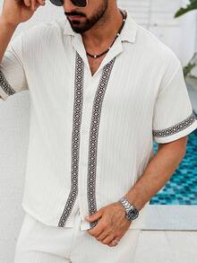 Manfinity CasualCool Herrskjorta med geometriskt tryck och kortärmad avslappnad klädsel - Aprikos - Visa 5