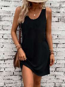 SHEIN LUNE 2pcs/Set Casual Solid Color Women Round Neck Thick Strap Sleeveless Dress, Suitable For Summer Suitable For Going Out Chic Dress