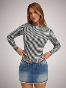 SHEIN Forever 21 女式条纹船领长袖修身休闲T恤 - 灰色 - 查看 5