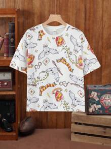 HARRY POTTER X SHEIN Camiseta de manga corta blanca informal y versátil con estampado de búho para niñas preadolescentes en verano