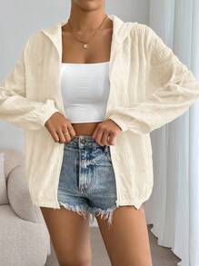SHEIN Essnce Women's Plain Hooded Jacket With Long Sleeves, Zip Front And Pleated Detail In Fall/Winter - Apricot - View 2