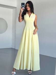Firerie 女士优雅休闲日常通勤海滩度假 V 领收腰 A 字形伞裙，黄色无袖连衣裙 - 黃色 - 查看 8
