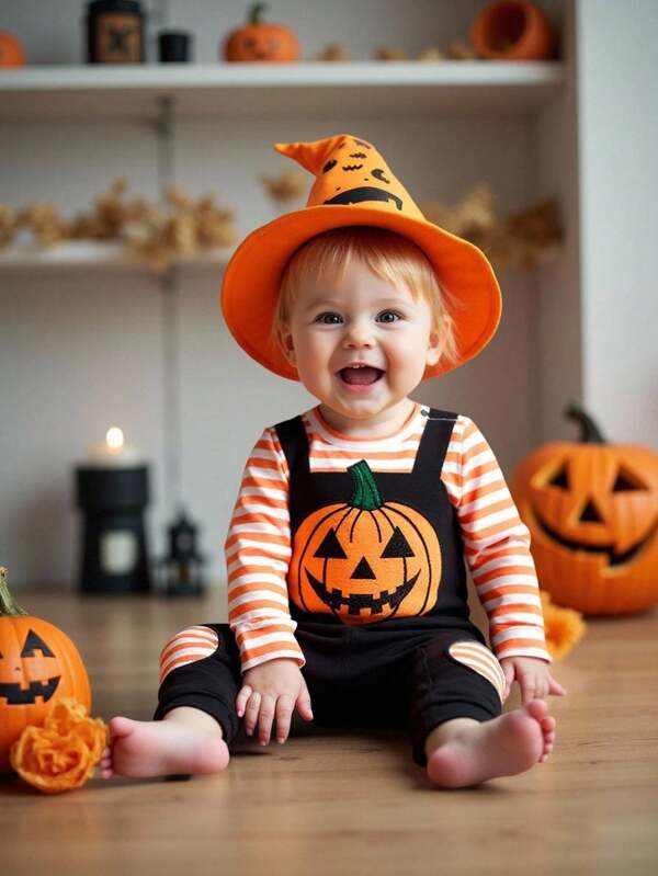 SHEIN Persoplay Kids Salopetă de Halloween pentru bebeluși, tricotată, cu broderie de dovleac, salopetă cu mânecă lungă și capse între picioare, potrivită pentru vârste cuprinse între 3 și 24 de luni