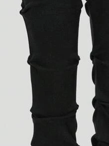 SHEIN Young Girls' Fashionable Black Washed Denim Jeans, Ruched Flare Leg Skinny Fit, Stretchy & Comfortable Fabric, Decorated With White Bow & Pearl, Stylish For Cool Girls Fall Winter - Black - View 7