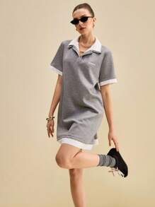 SHEIN Unity 女式拼色 Polo 迷你连衣裙 返校服饰 - 灰色 - 查看 2
