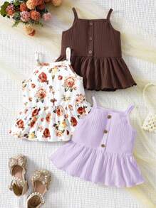 SHEIN LMoss Kids 少女三件套休闲荷叶边装饰吊带背心 - 紫色 - 查看 2