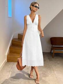 SHEIN LUNE 女款白色刺繡綁帶中長版無袖洋裝，波希米亞浪漫優雅夏季婚禮度假茶會鏤空蕾絲飾邊休閒穿搭 - 白色 - 查看 4