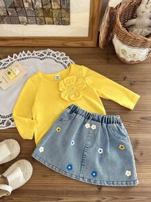 SHEIN Playful Pals 女婴春秋时尚街头风格可爱两件套：黄色长袖花朵装饰上衣和印花牛仔 A 字裙，适合日常穿着、拍照和旅行 - 彩色 - 查看 6