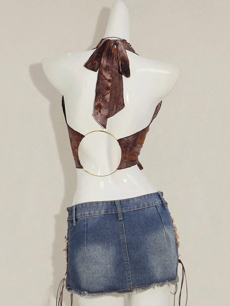 SHEIN ICON 女士性感花卉印花露背金属环吊带背心系带上衣秋季女装 - 咖啡棕 - 查看 1