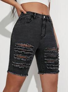 SHEIN ICON Shorts di jeans casual skinny con tasche e effetto logoro da donna - Grigio - Visualizzare 4