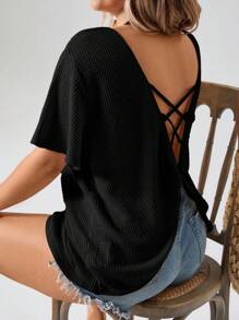 Freevana Plus Size Women's Solid Color Waffle Knit Short Sleeve T-Shirt, Summer,Holiday For Women - Black - View 1