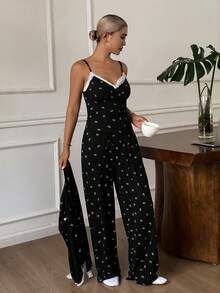 DAZY 3Pcs/Set Bow Print Colorblock Lace Patchwork Camisole Top & Pants & Robe Sleepwear Pajama Set, Spring, Fall Winter Clothes - Black - View 5