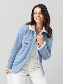 Miaspire Drop Shoulder Teddy Lined Long Sleeve Zip Up Red PU Leather Barn Jacket For Winter - Dusty Blue - View 6