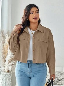 SHEIN LUNE 大码秋装女纯色简约休闲长袖夹克秋季夹克和秋季女装冬装 - 摩卡棕 - 查看 5
