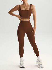 SHEIN Sports Seamless Ribbed Knit Sports Set Workout Women Set Gym Women Outfit - Coffee Brown - View 6
