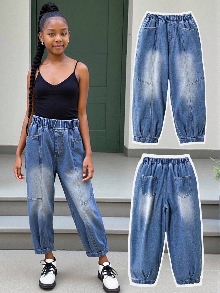 Tween Girls Versatile Casual Soft Comfortable Vacation Stylish Street Fashion Washed Non-Stretch Thin Denim Pants For Spring & Autumn - Medium Wash - View 1