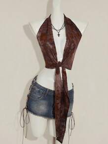 SHEIN ICON 女士性感花卉印花露背金属环吊带背心系带上衣秋季女装 - 咖啡棕 - 查看 3