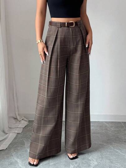 Elenzga Pantalones de mujer a cuadros plisados con estilo retro y casual con cinturón