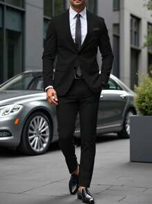 Manfinity Mode 男士纯色拼布前扣长袖夹克和裤子套装，男士纯色宽松翻领西装外套和斜口袋裤子套装男士西装正式男士西装男士正装西装男士婚礼西装 - 黑色 - 查看 3