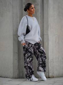 SAYEHFBABY Women's Cargo Streetwear Tree Branch Pattern With Pockets Pants - Black and White - View 1