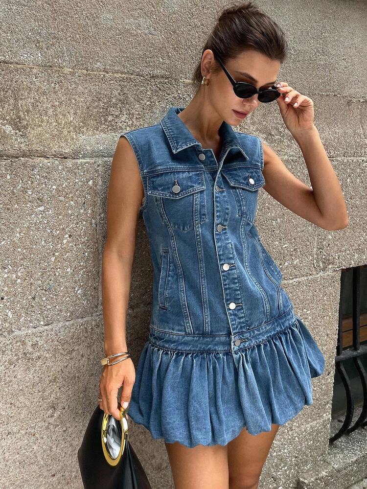 Women's Casual Washed Sleeveless Flounced Hem Denim Dress Jeans Dress Denim Dresses Summer Curve Denim Dress Sleeveless Denim Dress