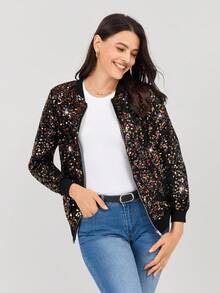 Miaspire 不对称图案亮片装饰派对音乐节经典拉链飞行夹克，适合女士、四季、节日服装 - 彩色 - 查看 4