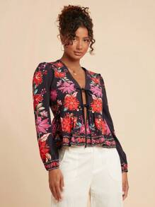 Travachic Women's Vacation Casual Floral Print Tie-Front Shirt, Summer Jackets For Women, Flower Blouses For Women, Floral Blouse,Vacation Style,Vacay Outfits Women,Beach Vacation Outfits,Summer Outfits For Women,Summer Tops,Autumn,Summer Outfits For Women,Beachwear,Spring And Summer,Easter,Holiday Outfits,Winter Clothes,Autumn Clothes,Fall Clothes