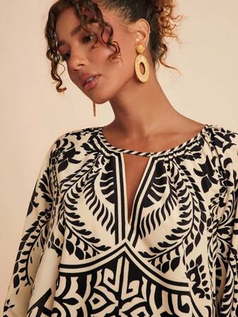 Travachic Casual Black Mini Dress With All Over Print And Bishop Sleeves Pattern Dress Graphic Dress Geometric Print Dress Print Top Printed Top