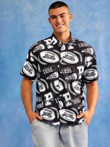 PEPSI X SHEIN 男式字母和美式足球图案前扣短袖衬衫 - 黑色 - 查看 3