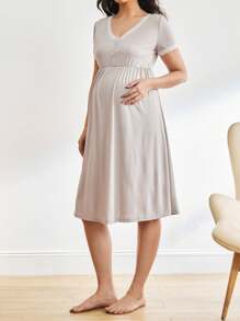 Moonlight&Mama Maternity Contrast Lace Trim Button Front Nightdress For Mother, Pajama Dress - Grey - View 4