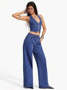 Flexra Conjunto casual de top de halter de unicolor con botones en la espalda y pantalones largos de mezclilla