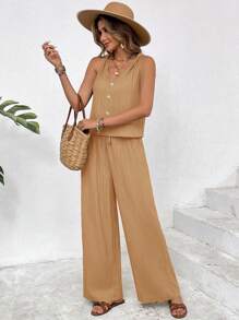 SHEIN Frenchy Set de 2 piezas para mujer de top con decoración de botones y pantalones rectos de unicolor para verano